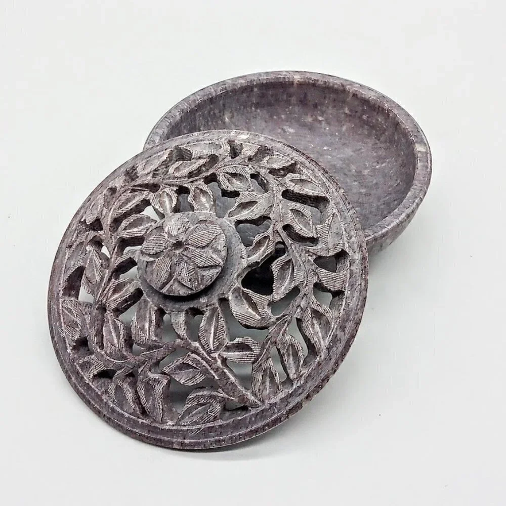 Grey Lavender Hand-Carved Covered Soapstone Round Box